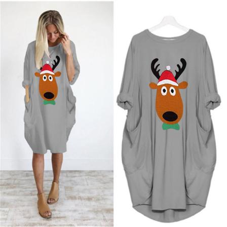 Kvinnor Kortärmad Casual Christmas Print Pocket T-shirt Dress