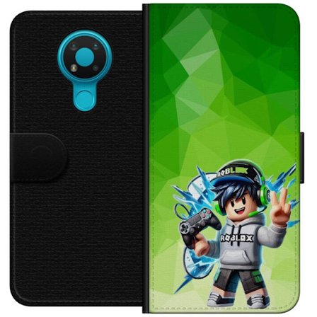 Yhteensopiva Lompakkokotelo Nokia 3.4 Roblox-inspiroitu pelaajahahmo, jossa on kuulokkeet, ohjain ja energiset efektit vihreää taustaa vasten