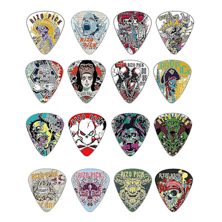 5-pack gitarrplektrum med grafiskt motiv för elgitarr, akustisk gitarr, mandolin och bas