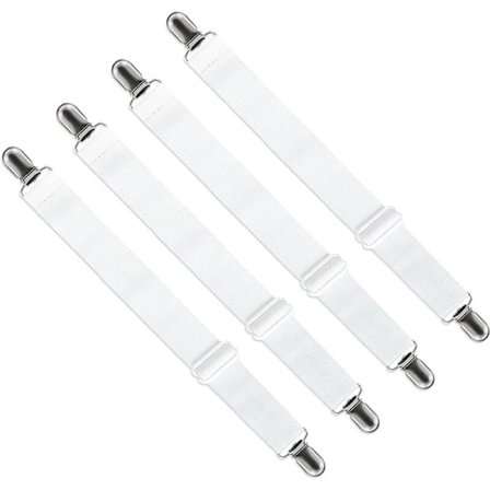 Justerbar lakansträckare (65 cm till 200 cm), justerbar fastspänningsrem för lakan, soffa, strykjärnsöverdrag (vit, 4-pack)
