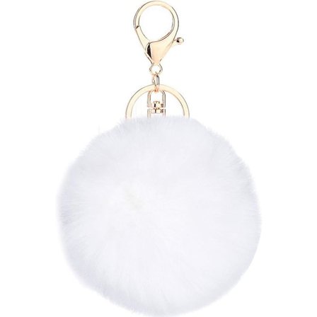 Pehmeä ja pörröinen avaimenperä, jossa on pehmeä plyysikoriste, tekoturkispalloja, laukkuun kiinnitettävä riipus, avaimenperäkoriste