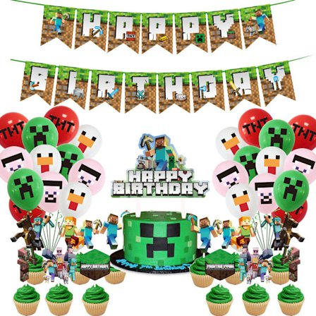 Minecraft Pixel Spel Tema Festtillbehör Set: Dekorativ Banner, Ballonger, Tallrikar, Servetter och Tårtdekoration_qcx