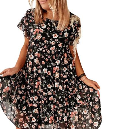 Kvinnor Print Klänning Sommar Ruffle Kortärmad O-neck Mini