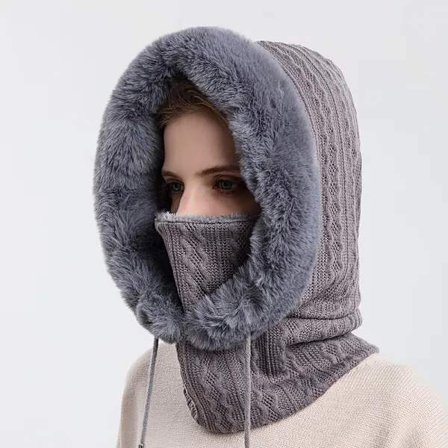 Dame vinter ét-delt løs uldhue halstørklæde maske snøre varm sweater hætte strikket hue grå