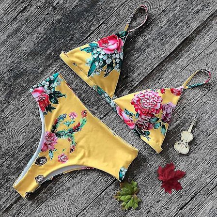 Grafiskt print för damer Bikini Set Camisole Baddräkt med hög midja yellow bottom flower L