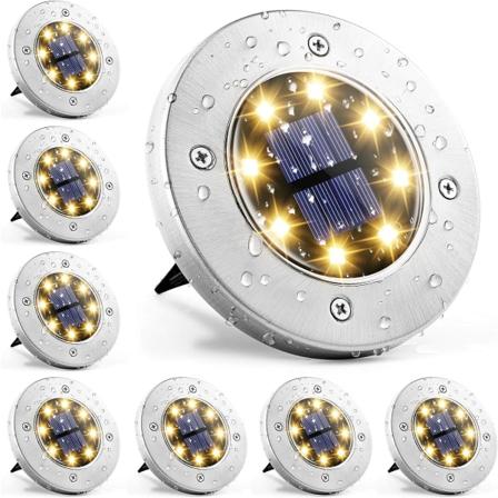 Solcelledrevne bakkelykter, 8 LED solcelledrevne skivebelysning utendørs vanntett landskapsbelysning (8, varm hvit)