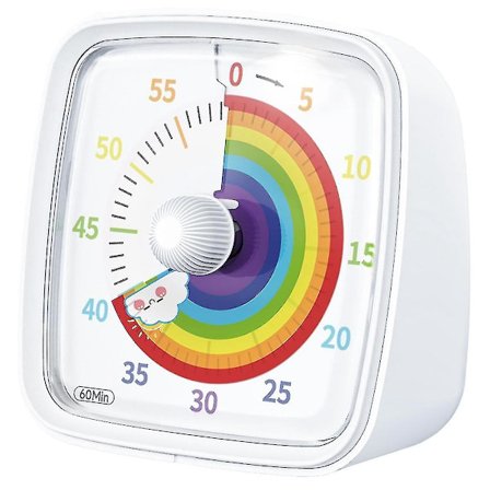 60-minutters visuell timer med nattlys, nedtellingstimer, Pomodoro-timer med regnbue-mønster for barn og voksne, hvit
