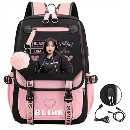 BlackPink Reppu Kannettavan tietokoneen laukku Koululaukku USB-latausreijällä Kuulokkeet Lisa, Musta Jennie Kim