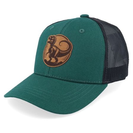 Kiddo Cap - Grön trucker Keps - Kids Kids T-rex Dino Brown Round Patch Forest/Black @ Hatstore