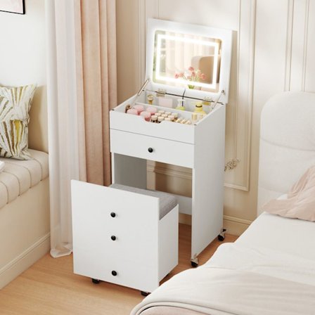 Frisør med Foldbart Spejl og Skammel COSTWAY, Låsebare Hjul, Justerbar Lysstyrke, Opbevaringsskammel