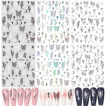 Svart Hvit Sølv Kors Stjerne Måner Sommerfugler Neglekunst Klistremerker Folie B