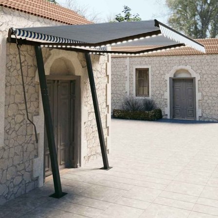 vidaXL Markis manuellt infällbar med LED 3,5x2,5 m blå och vit