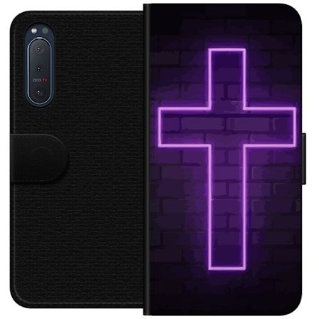 Yhteensopiva Lompakkokotelo Sony Sony Xperia 5 II Neonristi purppuranvalossa tummaa tiiliseinää vasten, symbolinen motiivi vahvalla hohto moderni es