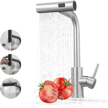 Vandfald køkkenarmatur med udtrækkelig spray, 3-funktions køkkenarmatur med nedtrækkelig spray, 360° drejelig etgrebs køkkenhane