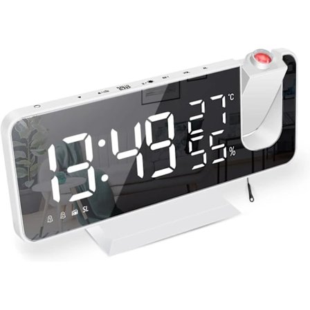 7,5 " Speil LED Vekkerklokke Radio med Projektor, Temperatur- og Luftfuktighetsdisplay, Auto-Dim (Hvit)