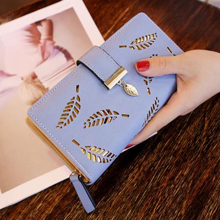 Damplånbok myntväska Koreanskt långmode Clutch Hollow Leaves Dragkedja Hasp Card Holder Sky Blue