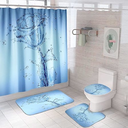 4-delat duschdraperisett med mattor i blått blommönster med regndroppar - duschdraperi, toalettlock, badrumsmatta