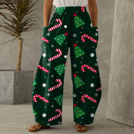 Kvinnor Snowflake Print Byxor Med Hög Midja Med Fickor Bottom