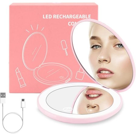 LED Makeup Spejl med Lys, 1x/10x Forstørrelse, Justerbar Lysstyrke, Dobbeltsidet Sammenklappeligt Makeup Spejl til Håndtasker, Punge, Lommer - Pink