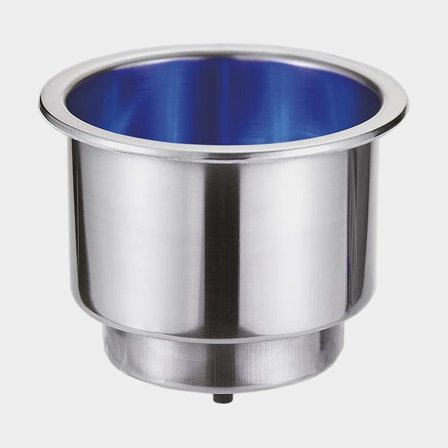 Flaskhållare för inbyggnad med 12V-belysning, rostfritt stål, med avrinningshål, Ø11/6.8 x 7.5 cm, för 1 flaska Ø6.5 cm, silver med blå belysning