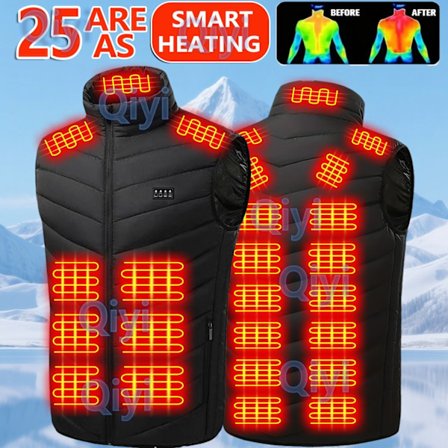 Elektrisk varmevest for menn med 25 varmesoner og 4 kontrollbrytere - Termisk jakke i karbonfiber, 3-trinns justerbar temperaturkontroll, Vin
