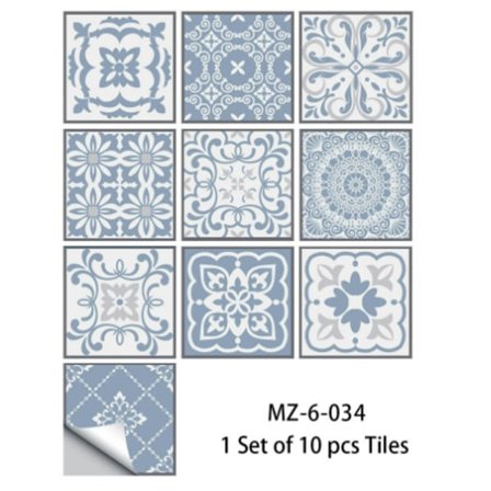 Avtakbare flisdekorer for kjøkken, bad, vegg, blå hvit, sett med 10