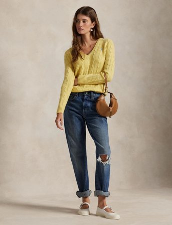 Polo Ralph Lauren Cable-Knit Wool-Cashmere V-Neck Sweater - Yellow - L