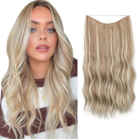 Halo Hair Extensions Osynlig tråd Vågigt lockigt långa syntetiska hårstycken för kvinnor Justerbart pannband 16H613 24 inch