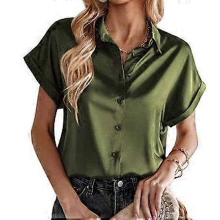 Dame Satengskjorte Svart Grønn Hvit Krage Knapp Kort Erme Topper Løs Bluse(M armygrønn)