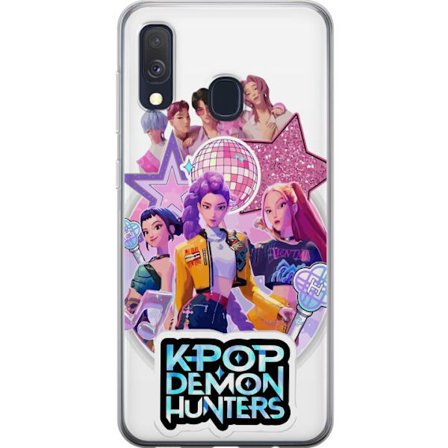 Yhteensopiva Puhelinkuori Samsung Galaxy A40 Kpop-demoninmetsästäjien inspiroima ryhmäkuvaus, jossa on idolieetikkaa, neonvärejä ja fantasian pop-tyyl