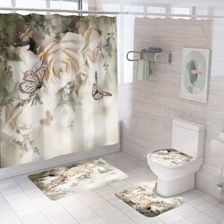 Rosor Fjäril Blomma Vit Duschdraperi Blommigt Blad