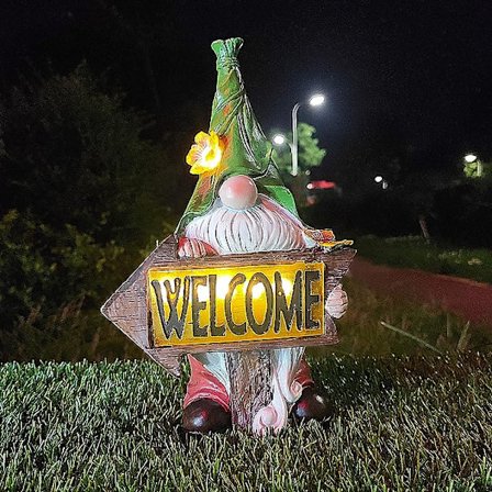 Havefigur af havenisse, havefigur af harpiksnisse, der holder velkomsthilsen med solcelledrevne LED-lys, dværgskulpturpynt til terrasse, græsplæne, 