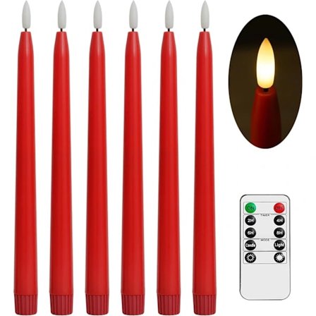 Røde Flammeløse Koniske Lys med Fjernbetjening - 28 cm LED Lysestager Batteridrevne Realistisk 3D-flamme med Væge Timer Julesæt med 6