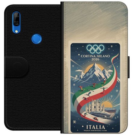 Yhteensopiva Lompakkokotelo Huawei P Smart Z Mäkihyppykuvitus, jossa hiihtäjä tähtää kiväärillä lumisella radalla, teksti Milano Cortina 2026 ja olymp