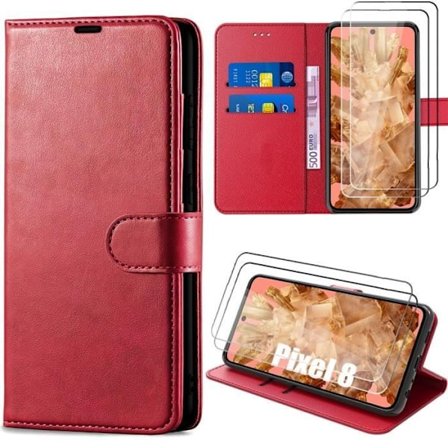 Plånboksfodral - Google - Pixel 8 - Röd PU-läder - 2 Härdat glas - Stötsäker