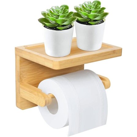 Toiletpapirholder, Toiletpapirholder Uden Boring, Holder med Bakke, Træ til Badeværelse, Toilet