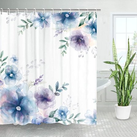 Blå lilla blomster dusjforheng, blomster dusjforheng sett med 12 kroker, lett akvarell blomster dusjforheng, lilla, 2 * 1,8 m