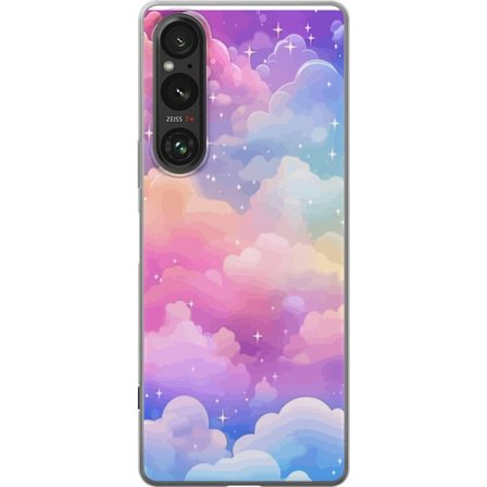 Kompatibelt Mobildeksel til Sony Xperia 1 VI Søt enhjørning med regnbuefarget hår mot en stjernebelagt pastellbakgrunn i kawaii-stil