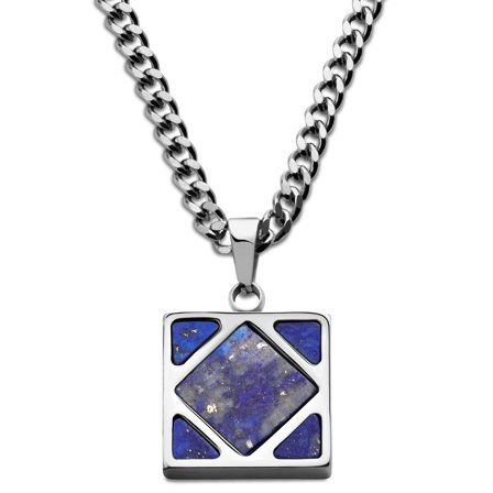 Cruz | Square Silver-Tone Stainless Steel & Lapis Lazuli Necklace for Men - Steel necklaces