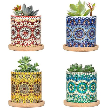 Fairylavie sukkulentepotter, 3' farverige sukkulentepotter med dræning og bakker, fantastisk til boligindretning og ideel gave, sæt med 4