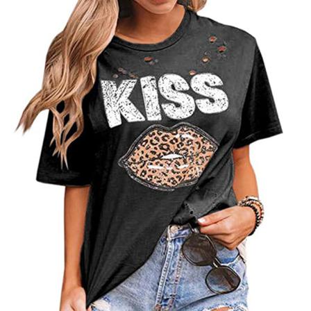 Print För Damer Tunika Blus Hollow Out T-shirt