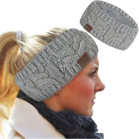 Vinterpandebånd til kvinder i uld, ørevarmere til kvinder Pandebånd strikket tykt fleeceforet, Varme vinterørekopper H (FMY) Lysegrå