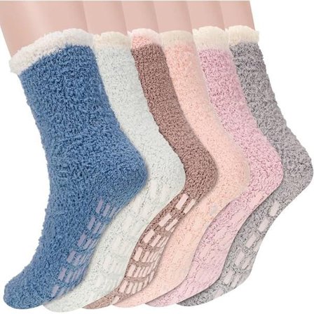 6 Par Fluffy Tøffelsokker for Kvinner og Jenter, Varme og Komfortable Seng Plysj Sokker for Vinteren, Varme Sklisikre Gripsokker