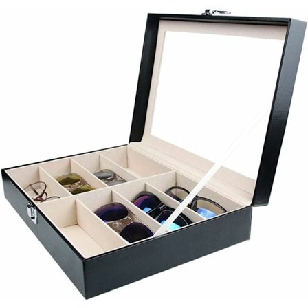 Lasikotelo, johon mahtuu 8 paria silmälaseja, silmälasien säilytys ja esittely, musta keinonahka 33,7 x 24,5 x 8,4 cm (8 lokeroa)