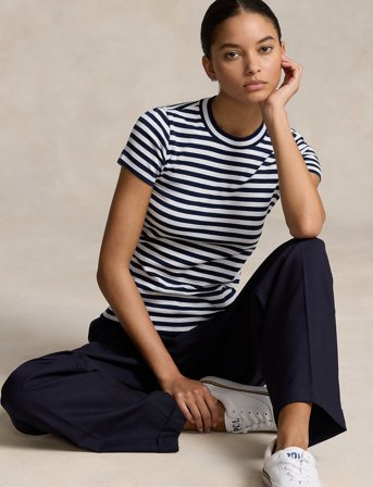 Polo Ralph Lauren Striped Ribbed Cotton Crewneck Tee - Blue - XL