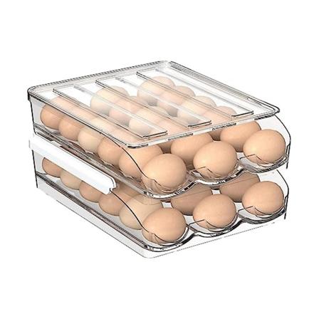 2-lags eggholder for kjøleskap, automatisk rullende eggoppbevaringsboks, klar plast eggbeholder eller