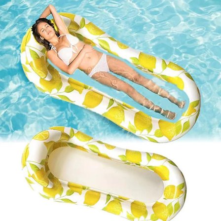 Uppblåsbar flytande poolstol PVC uppblåsbar flytande säng citron uppblåsbar hängmatta flytande hängmatta med huvudgavel bojar och madrass flytande 