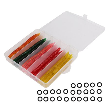50 st/låda Noodle Worm Mjukt Bete Fiske Lure Kit med Gummi O-ring Artificiellt Mjukt Bete