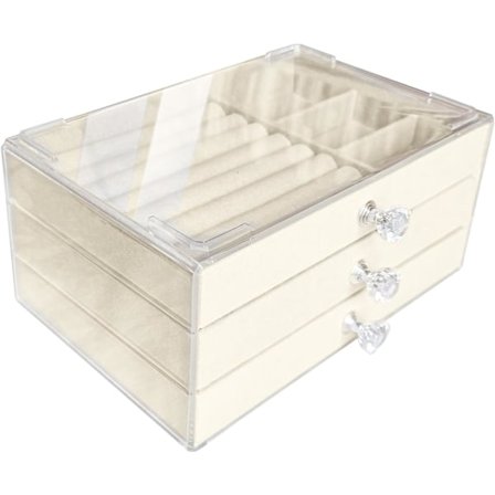 Klar Akryl Smykkeorganisator i Fløyel med 3 Skuffer, Stabelbar Oppbevaringsboks for Øredobber, Halskjeder, Ringer og Armbånd for Kvinner, Beige