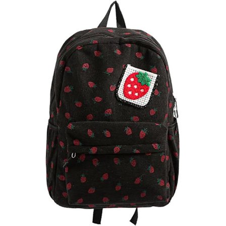 ING Ryggsekk – Skolesekk – Canvas Ryggsekk, Jordbærtrykk – 31×14×44 cm – Svart